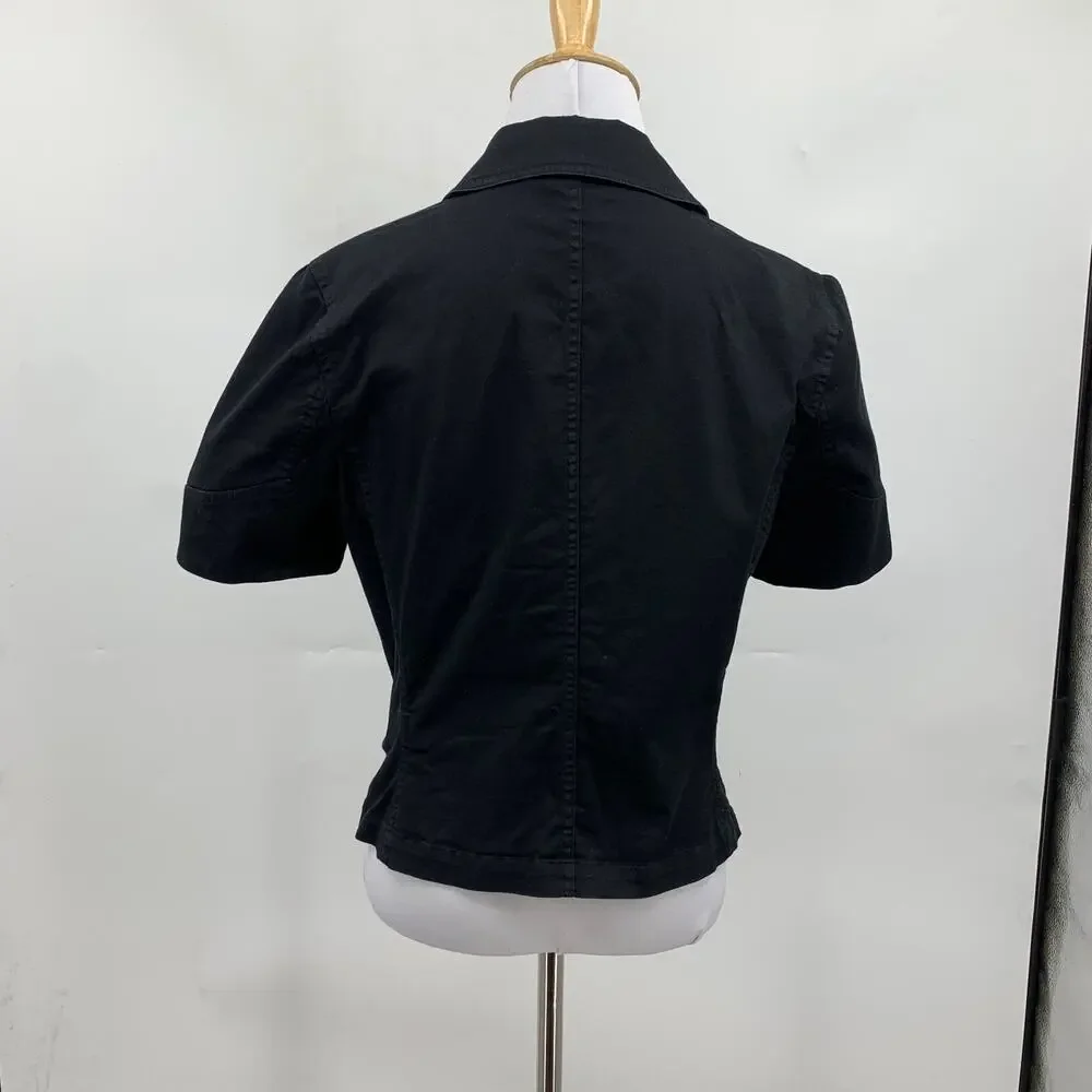 Lauren Ralph Lauren Shirt Womens M Medium Black Puff Sleeve Notch Cropped Top